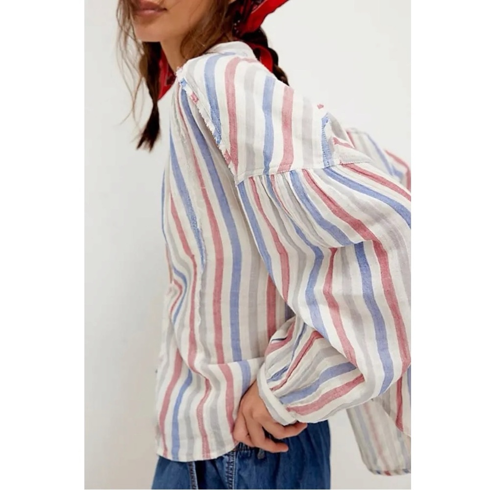 Free People Valley Double Gauze Cotton Striped Shirt Size XL Beach Coastal - Picture 4 of 11